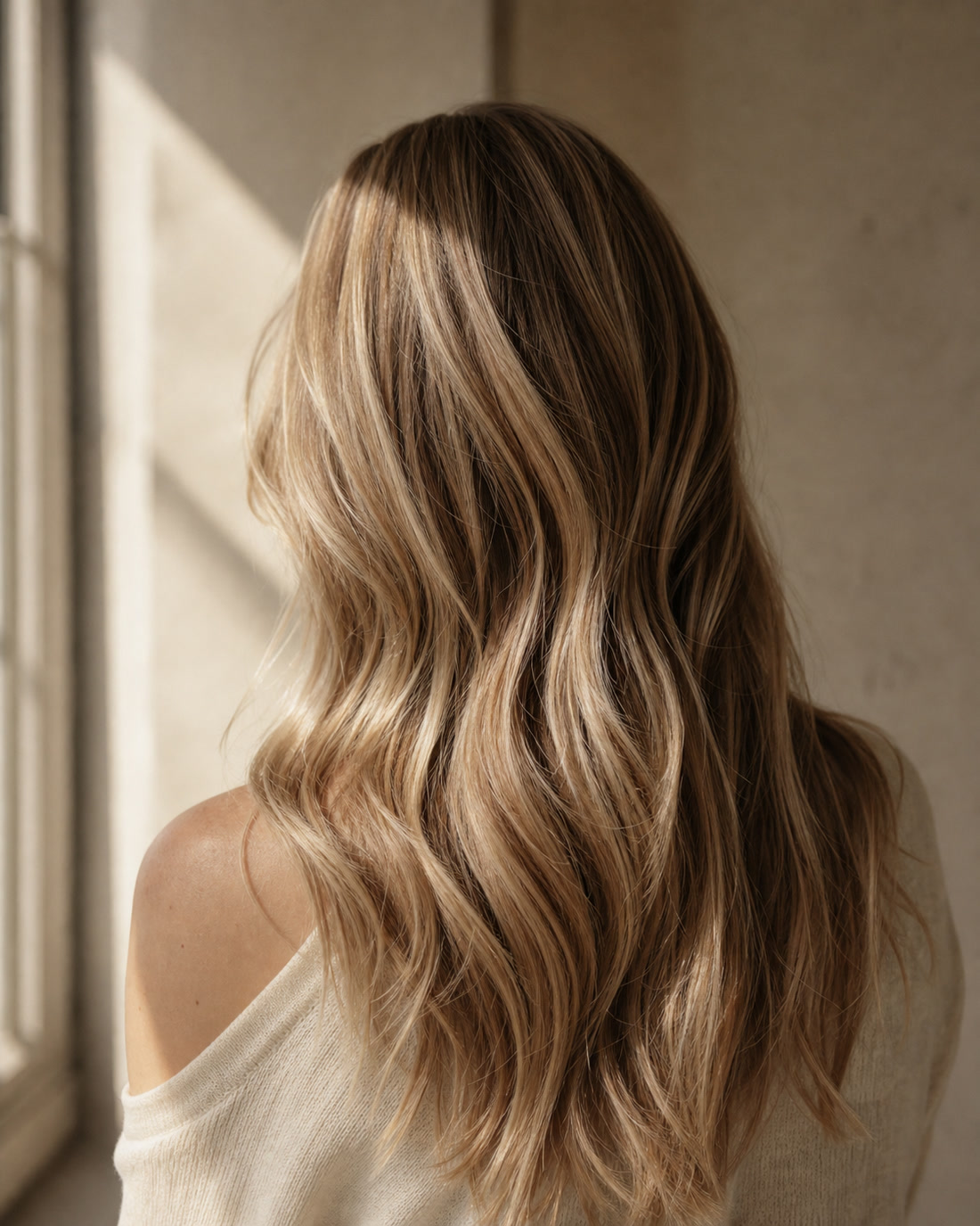 A finished editorial blowout, soft waves caught in window light